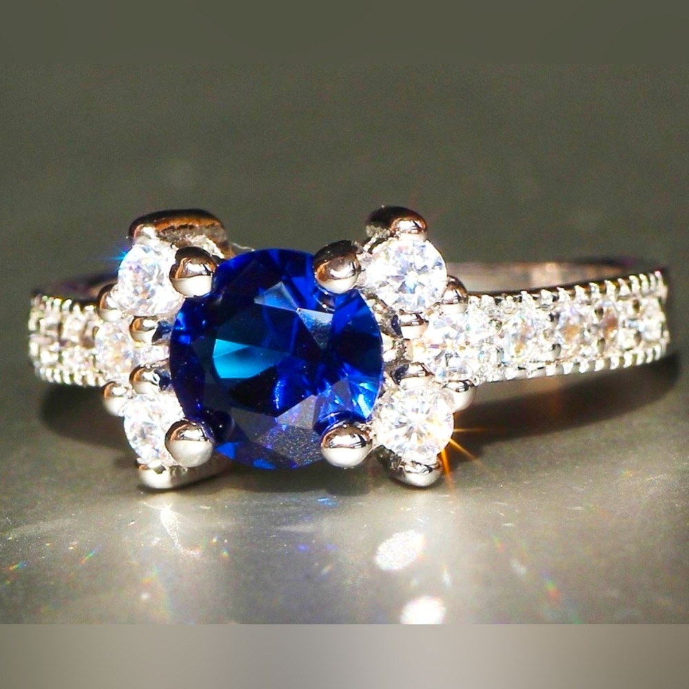 Blue Sapphire White Topaz 925 Sterling Silver 14K Gold Filled Ring Size 5